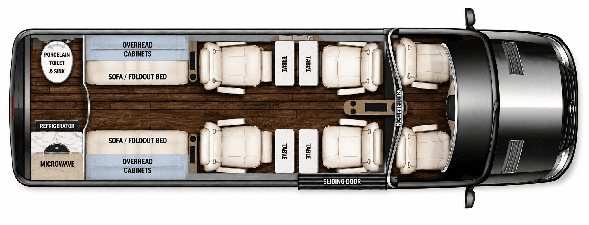 Mercedes Luxe Cruiser D6 Arched Partition floorplan diagram — Midwest Automotive Designs