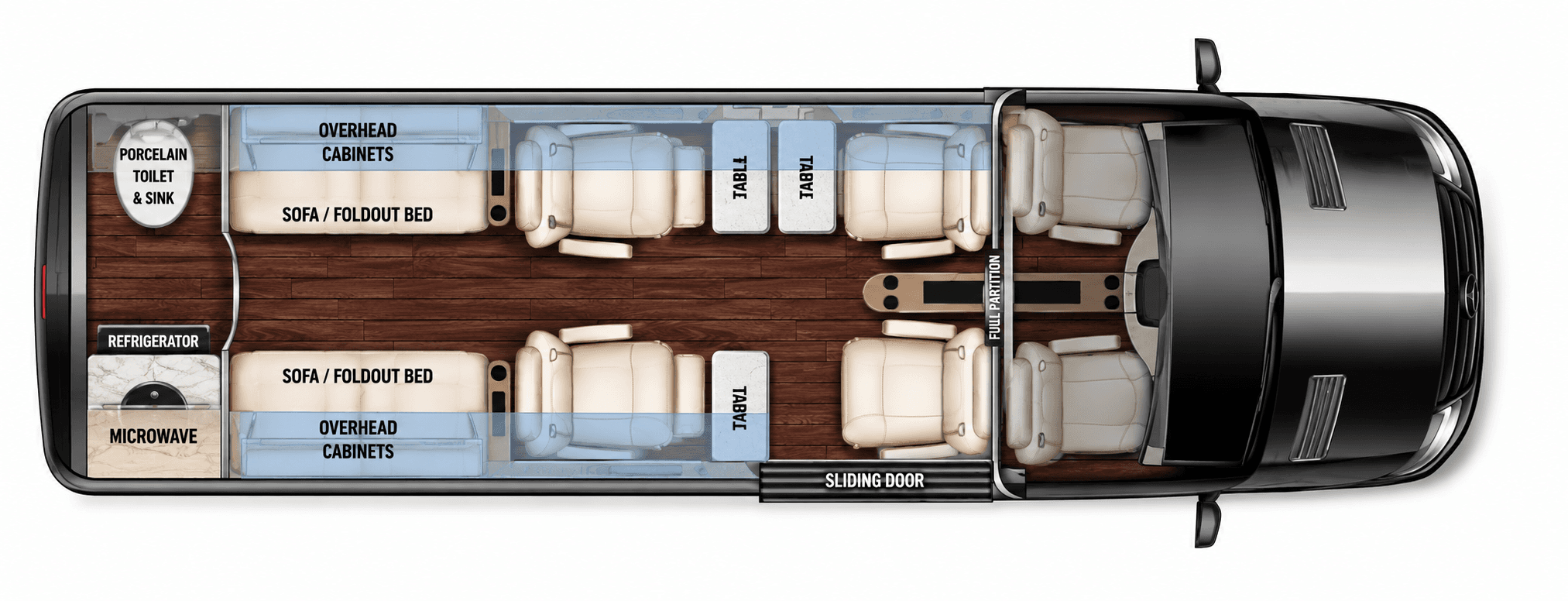 Mercedes Luxe Cruiser D6 Full Partition floorplan diagram — Midwest Automotive Designs